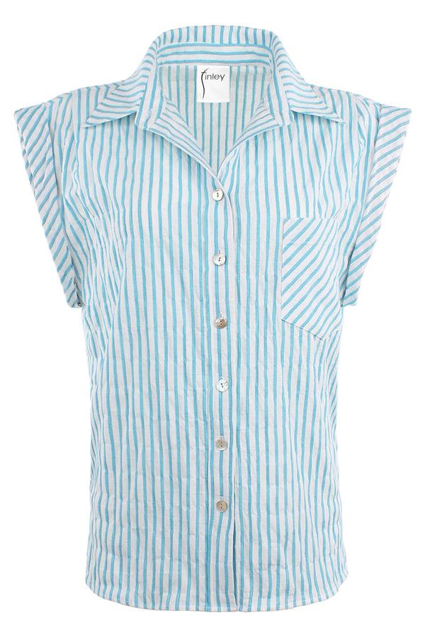 Finley Daryl Cap Sleeve Turquoise Textured Stripe Shirt With Chest Pocket And A Shirttail Hem