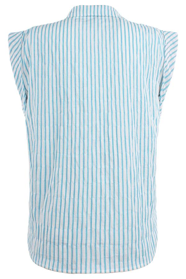 Finley Daryl Cap Sleeve Turquoise Textured Stripe Shirt With Chest Pocket And A Shirttail Hem