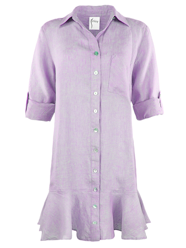finley Drop Waist Float Washed linen shirt dress with a shift silhouette ruffle hem and relaxed contour