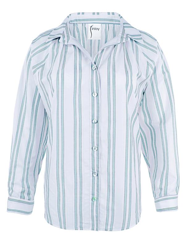 Finley Dylan Aqua And White Drop Needle Striped Blouse With Ruched Neckline And True Dolman Sleeve