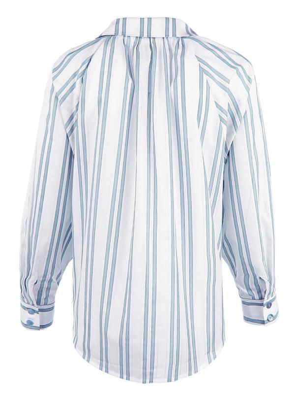 Finley Dylan Aqua And White Drop Needle Striped Blouse With Ruched Neckline And True Dolman Sleeve