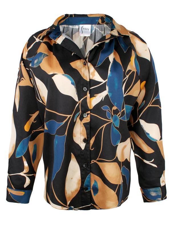 Finley Dylan Navy & Bronze Floral Blouse With Ruched Neckline And True Dolman Sleeve