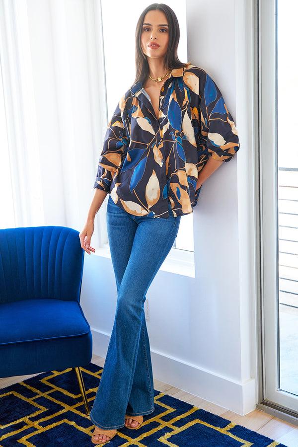 Finley Dylan Navy & Bronze Floral Blouse With Ruched Neckline And True Dolman Sleeve