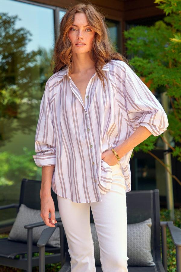 Finley Dylan Tan And White Drop Needle Striped Blouse With Ruched Neckline And True Dolman Sleeve