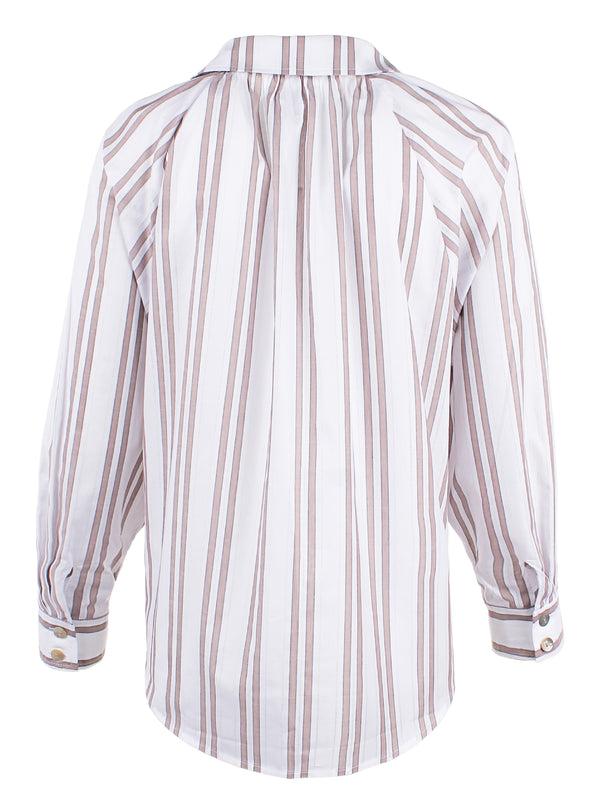 Finley Dylan Tan And White Drop Needle Striped Blouse With Ruched Neckline And True Dolman Sleeve