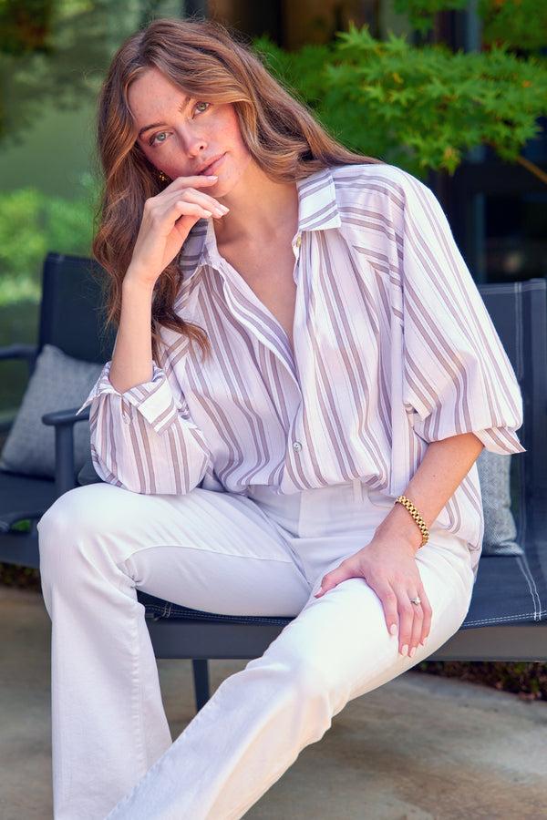 finley Dylan Tan and white drop needle striped blouse with ruched neckline and true dolman sleeve