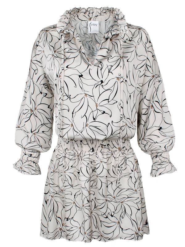 Finley Elizabeth Long Sleeve Shirt Dress With Smocked Waist In An Ivory Black And Gold Print