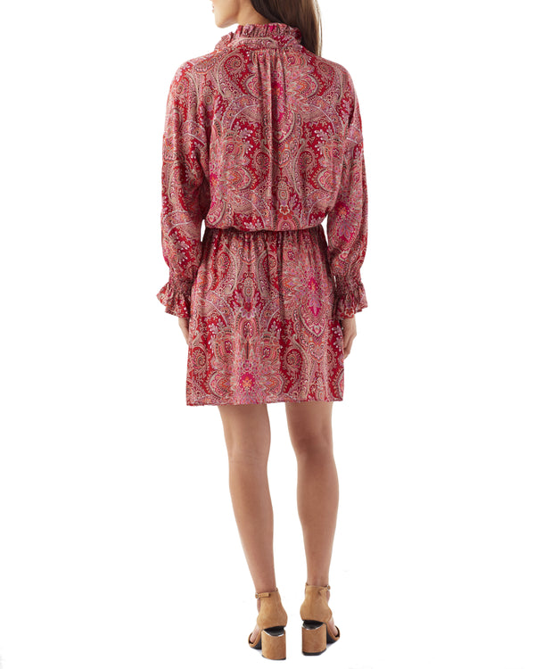 Finley Elizabeth Long Sleeve Shirt Dress With Smocked Waist In An Ivory Black And Gold Print