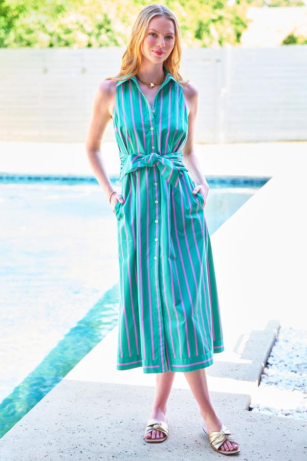 finley Ellis Sleeveless tie front maxi dress in green and pink stripe finley Ellis Sleeveless tie front maxi dress in green and pink stripe