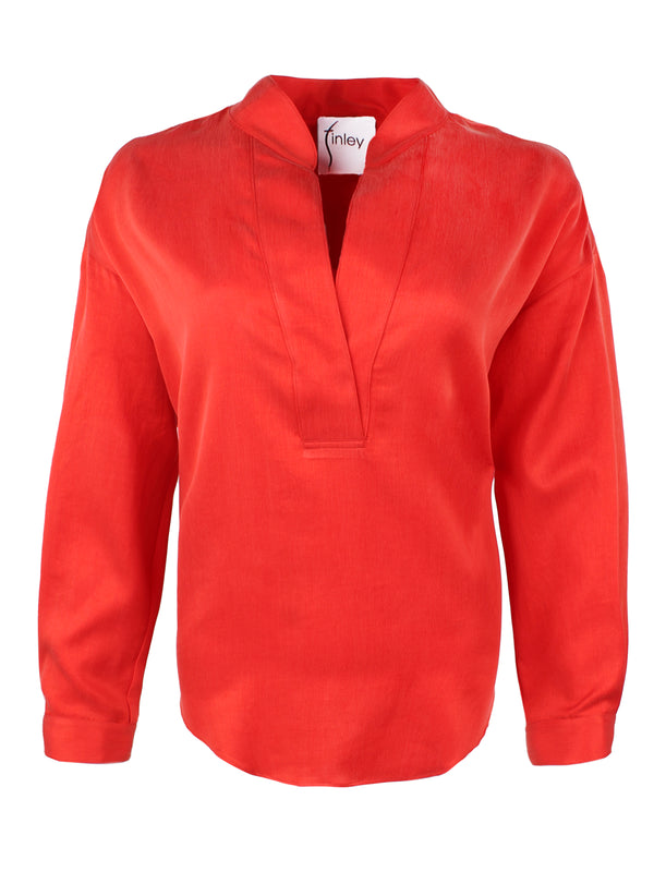 Finley Elsa Long Sleeve Popover Blouse With V Neckline In Flame Red Washed Cupro Cotton