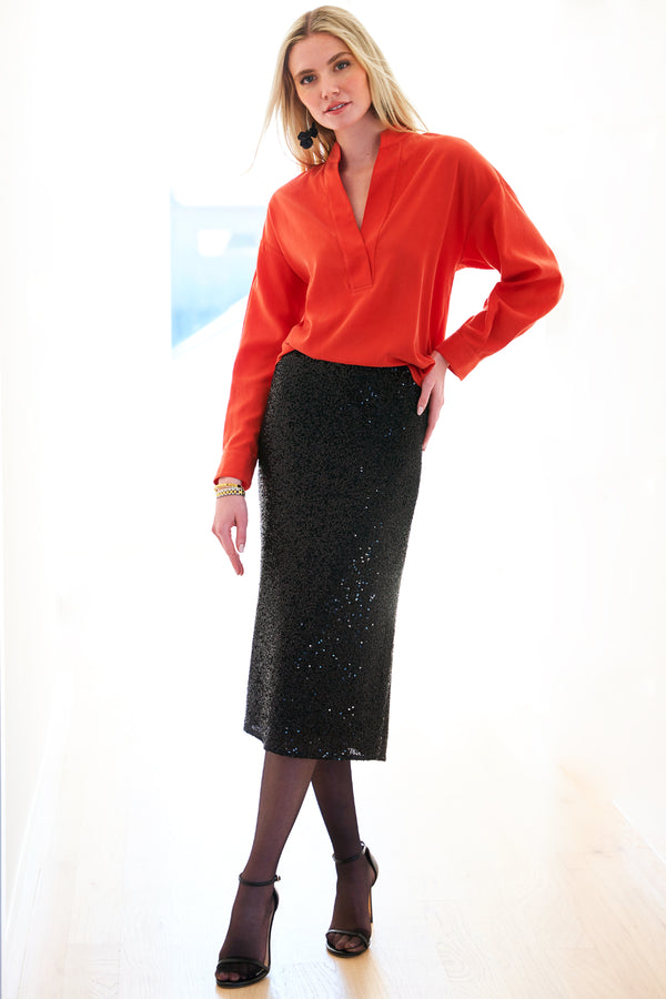 finley Elsa Long sleeve popover blouse with v neckline in flame red washed cupro cotton