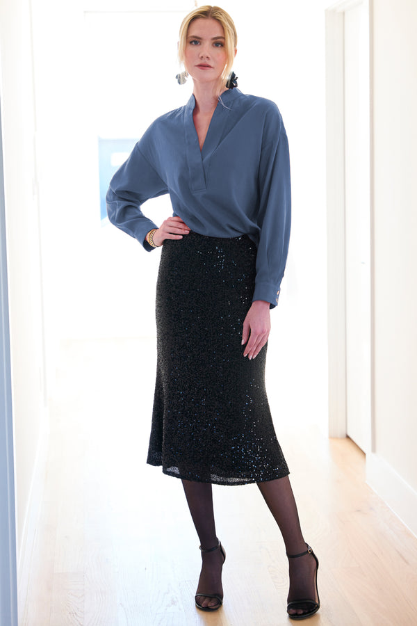 finley Elsa Long sleeve popover blouse with v neckline in dark teal washed cupro cotton