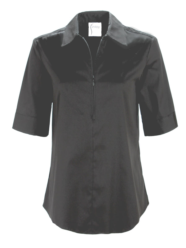 Finley Endora Black Poplin Shirt With Half-zip Collar And Semi-fitted Shape
