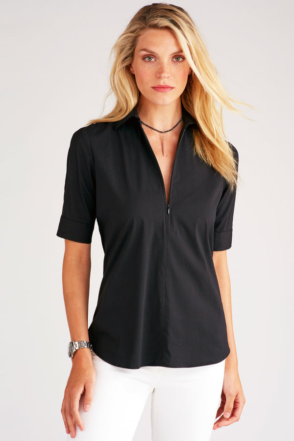 finley Endora Black poplin shirt with half-zip collar and semi-fitted shape
