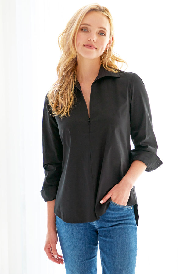 Finley Endora Navy Blue Poplin Shirt With Half-zip Collar And Semi-fitted Shape