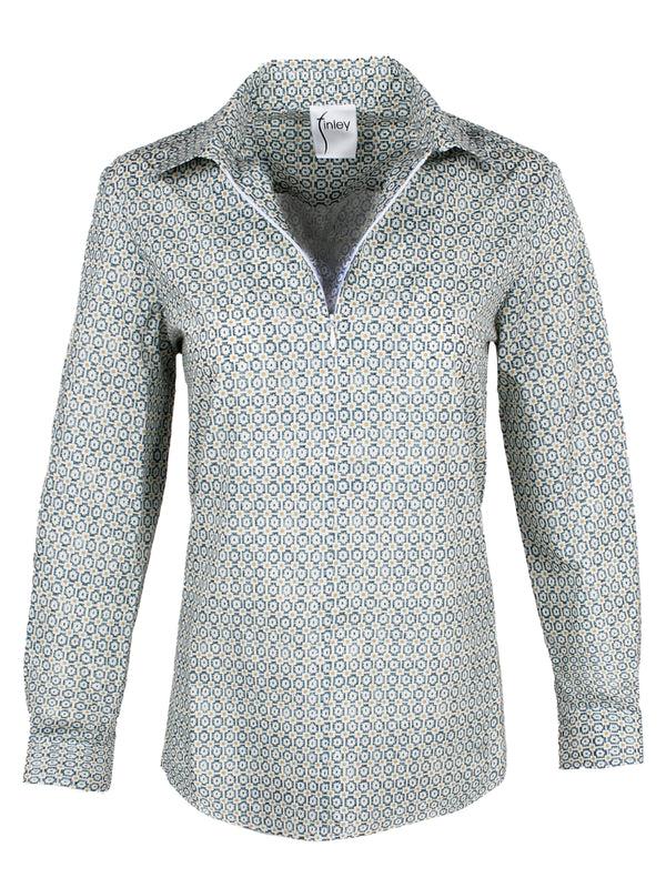 Finley Endora Teal Geometric Print Poplin Shirt With Half-zip Collar And Semi-fitted Shape