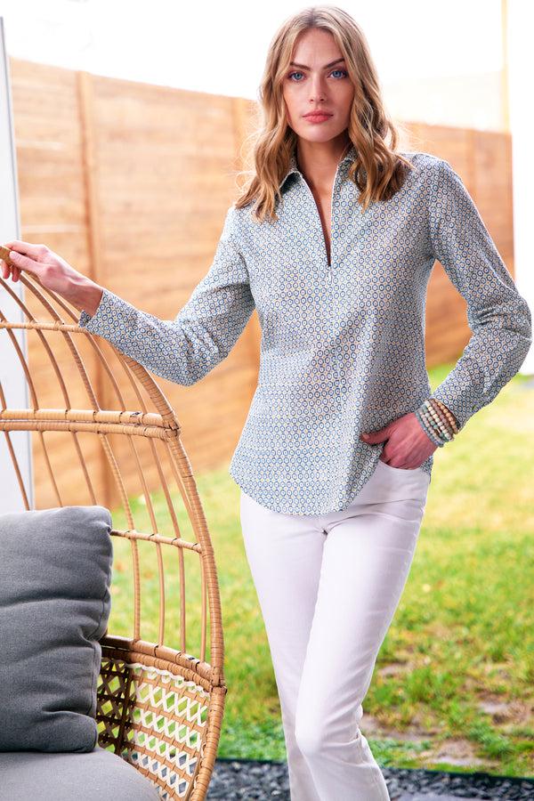 finley Endora Teal geometric print poplin shirt with half-zip collar and semi-fitted shape