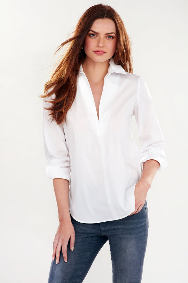Finley Endora White Poplin Shirt With Half-zip Collar And Tailored Shape