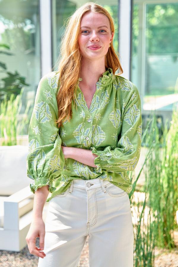 Finley Fiona Green And Yellow Jacquard Blouse With A Ruffle Neckline And 3/4 Blouson Sleeves