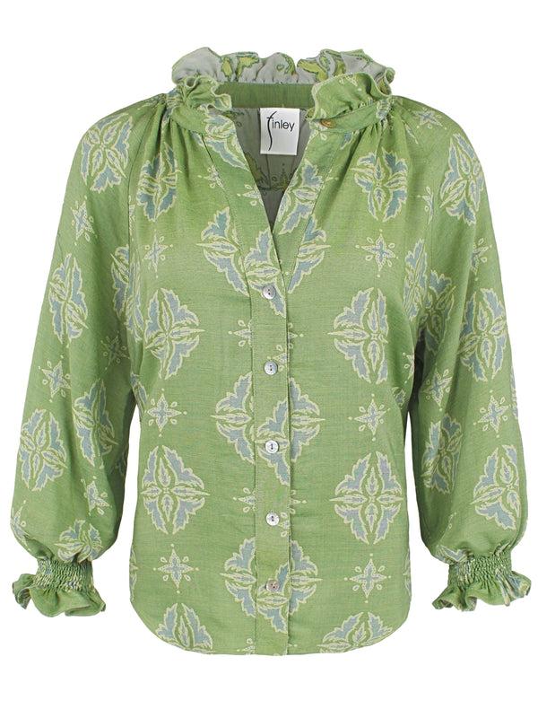 Finley Fiona Green And Yellow Jacquard Blouse With A Ruffle Neckline And 3/4 Blouson Sleeves