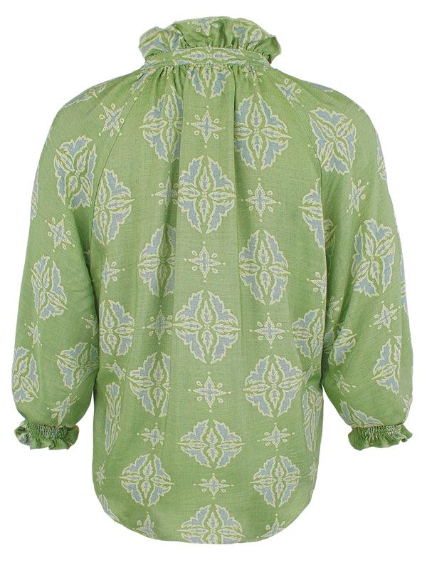 Finley Fiona Green And Yellow Jacquard Blouse With A Ruffle Neckline And 3/4 Blouson Sleeves