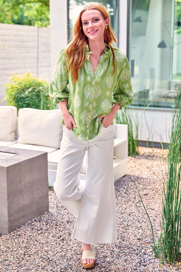 finley Fiona Green and yellow jacquard blouse with a ruffle neckline and 3/4 blouson sleeves