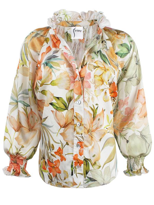 Finley Fiona Natural Coral And Green Floral Print Blouse With A Ruffle Neckline And 3/4 Blouson Sleeves