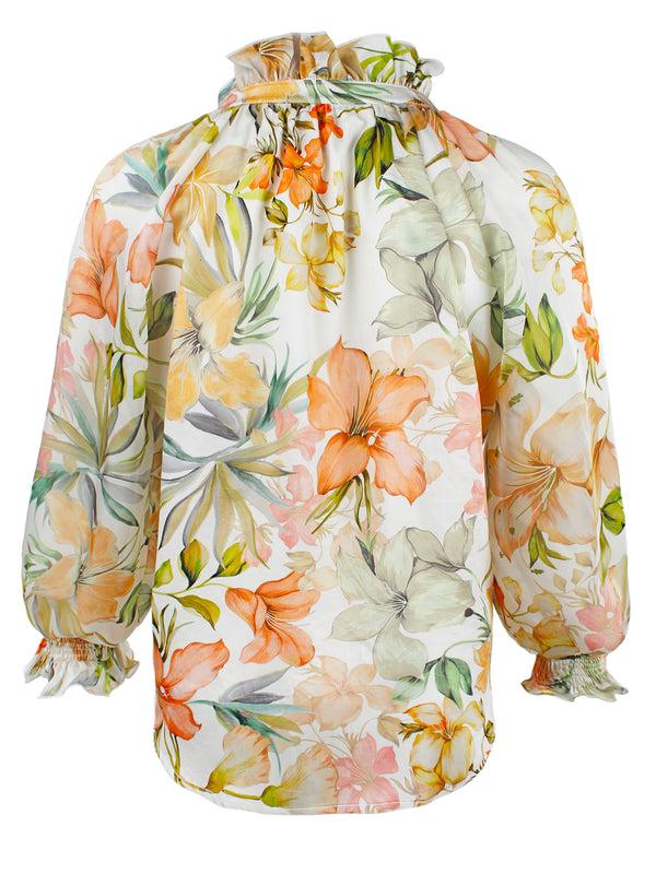 Finley Fiona Natural Coral And Green Floral Print Blouse With A Ruffle Neckline And 3/4 Blouson Sleeves