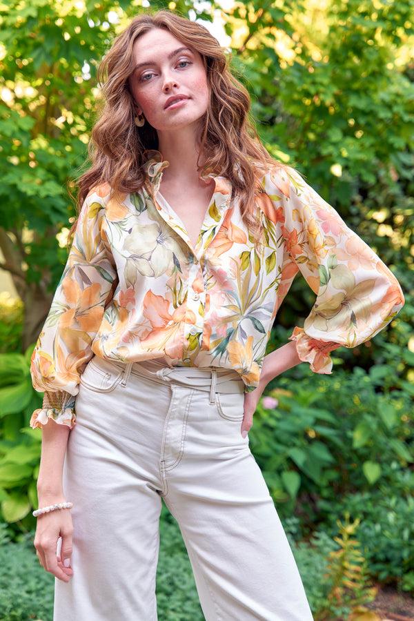 finley Fiona Natural coral and green floral print blouse with a ruffle neckline and 3/4 blouson sleeves