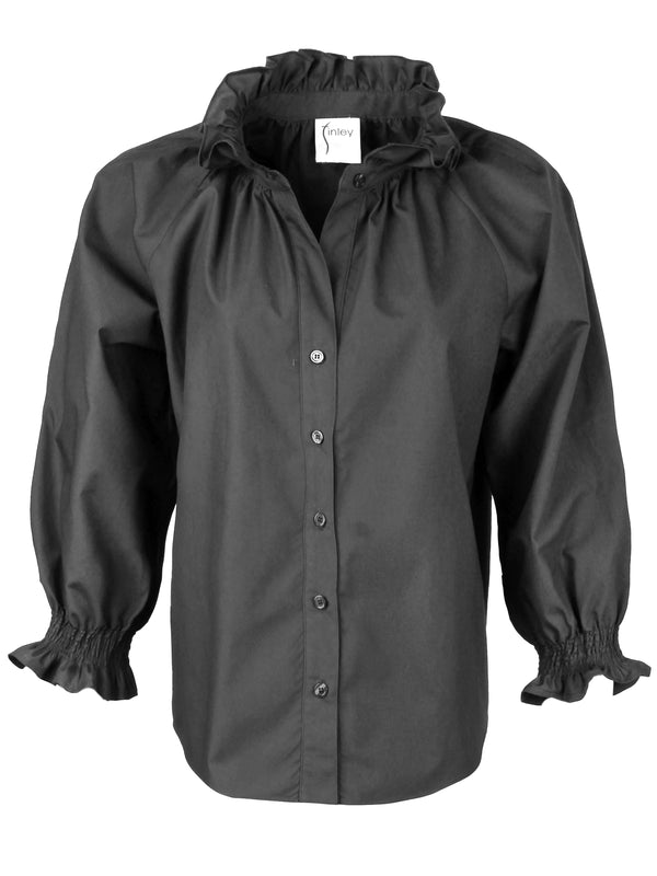 Finley Fiona Ruched Black Poplin Shirt With A Ruffle Neckline And 3/4 Blouson Sleeves