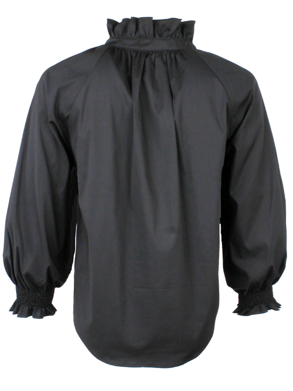 Finley Fiona Ruched Black Poplin Shirt With A Ruffle Neckline And 3/4 Blouson Sleeves