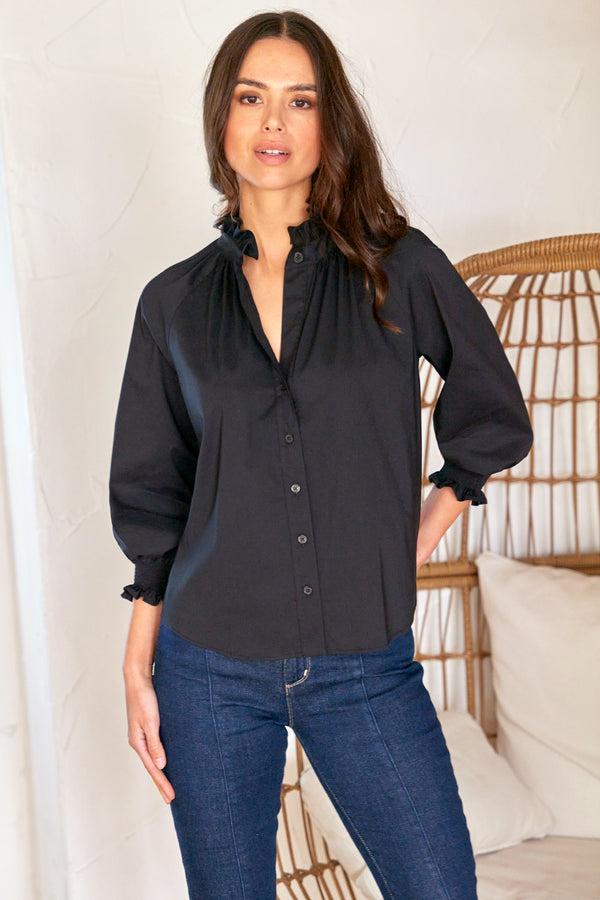 finley Fiona Ruched black poplin shirt with a ruffle neckline and 3/4 blouson sleeves