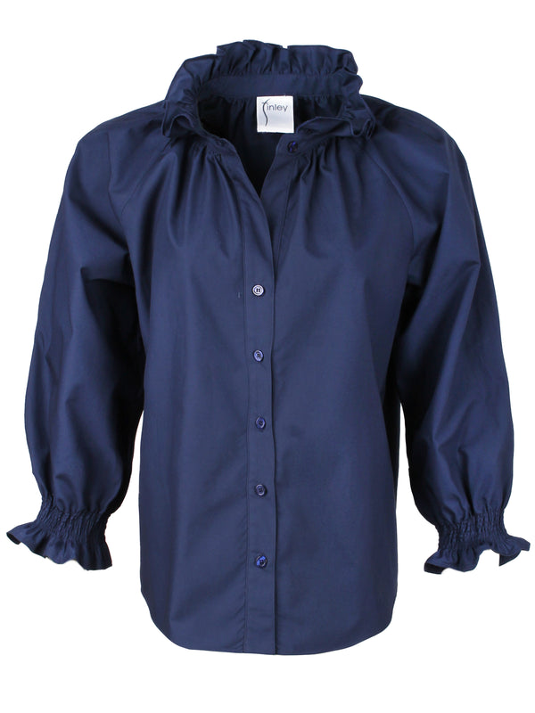 Finley Fiona Ruched Navy Blue Poplin Shirt With A Ruffle Neckline And 3/4 Blouson Sleeves