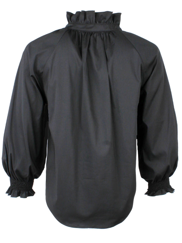 Finley Fiona Ruched Navy Blue Poplin Shirt With A Ruffle Neckline And 3/4 Blouson Sleeves