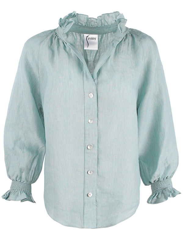 Finley Fiona Ruched Solid Linen Blouse With A Ruffle Neckline And 3/4 Blouson Sleeves
