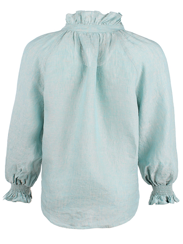 Finley Fiona Ruched Solid Linen Blouse With A Ruffle Neckline And 3/4 Blouson Sleeves