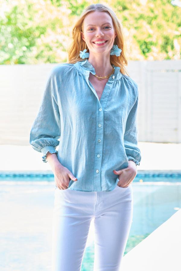 finley Fiona Ruched solid linen blouse with a ruffle neckline and 3/4 blouson sleeves