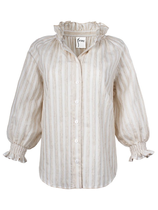 Finley Fiona Ruched Striped Blouse With A Ruffle Neckline And 3/4 Blouson Sleeves