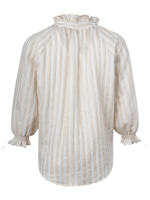 Finley Fiona Ruched Striped Blouse With A Ruffle Neckline And 3/4 Blouson Sleeves