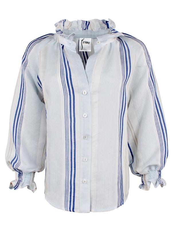 Finley Fiona Ruched Striped Blouse With A Ruffle Neckline And 3/4 Blouson Sleeves