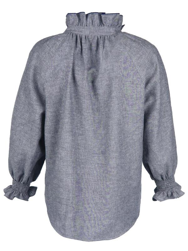 Finley Fiona Ruched Striped Blouse With A Ruffle Neckline And 3/4 Blouson Sleeves