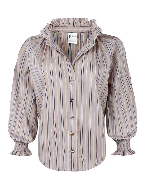 Finley Fiona Ruched Striped Poplin Shirt With A Ruffle Neckline And 3/4 Blouson Sleeves