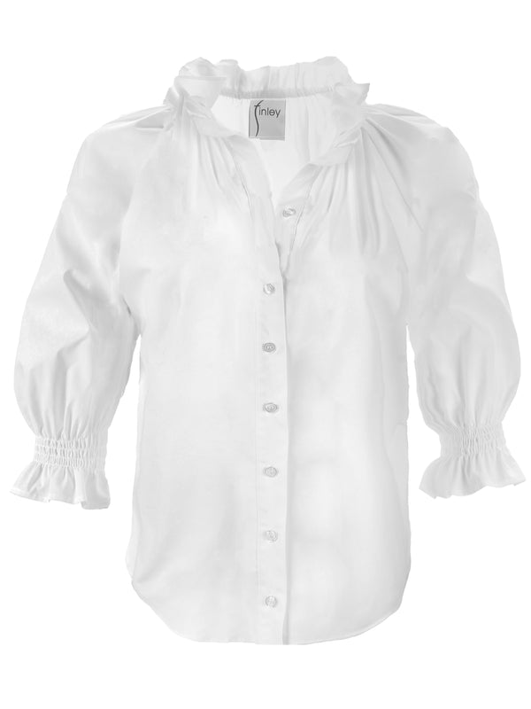 Finley Fiona Ruched White Poplin Shirt With A Ruffle Neckline And 3/4 Blouson Sleeves