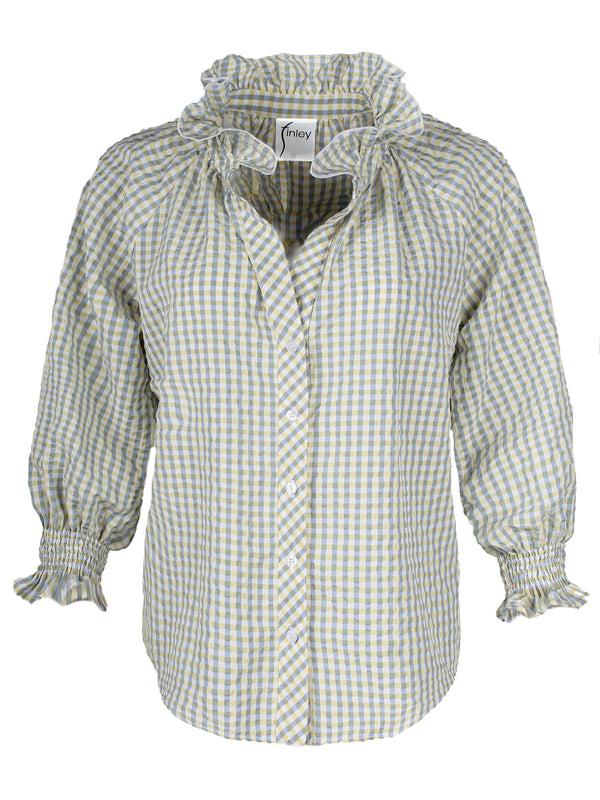 finley Fiona Rushed green and yellow seersucker shirt with a ruffle neckline and 3/4 blouson sleeves