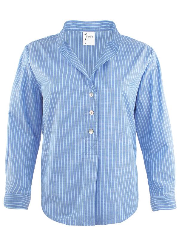 Finley Henri Blue & Aqua Striped Cotton Popover Blouse With A Mandarin Collar And Long Sleeves