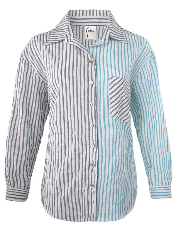Finley Hilary Navy And Turquoise Textured Stripe Shirt With Chest Pocket And A Shirttail Hem