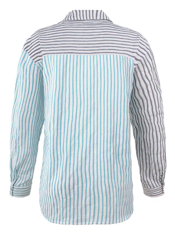 Finley Hilary Navy And Turquoise Textured Stripe Shirt With Chest Pocket And A Shirttail Hem