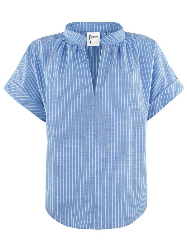 Finley Jay Blue & Aqua Striped Cotton Popover Blouse With A Mandarin Collar And Short Cuffed Sleeves