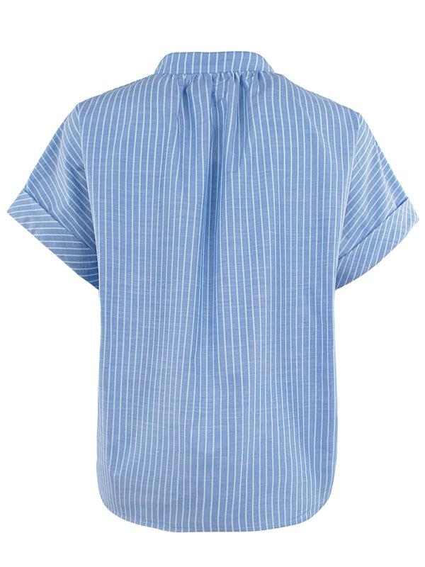 Finley Jay Blue & Aqua Striped Cotton Popover Blouse With A Mandarin Collar And Short Cuffed Sleeves