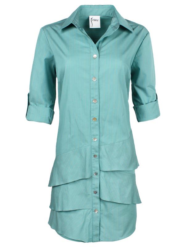 Finley Jenna A Cotton Ruffle-tier Hem Dress In Turquoise With Subtle Yellow Stripes